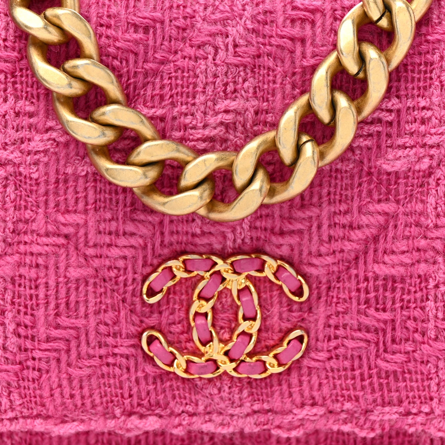 Wool Tweed Lambskin Quilted Chanel 19 Wallet On Chain WOC and Coin Purse  Fuchsia