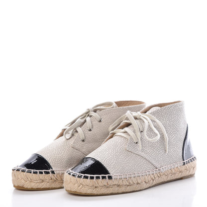Chanel Crackled Calfskin Cap Toe Lace Up Espadrilles 35 Light Beige Black 3 of 8