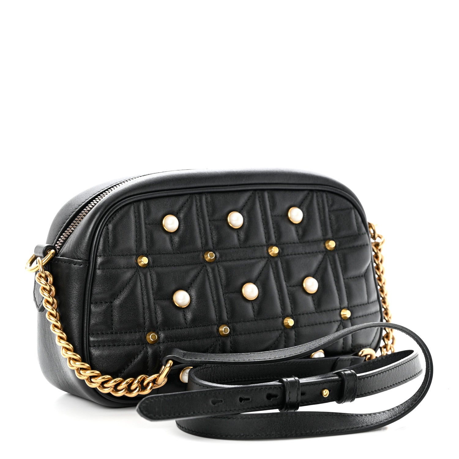 Gucci Calfskin Matelasse Studded Small Pearly GG Marmont Chain Shoulder Bag Black 3 of 10