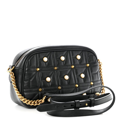 Gucci Calfskin Matelasse Studded Small Pearly GG Marmont Chain Shoulder Bag Black 3 of 10