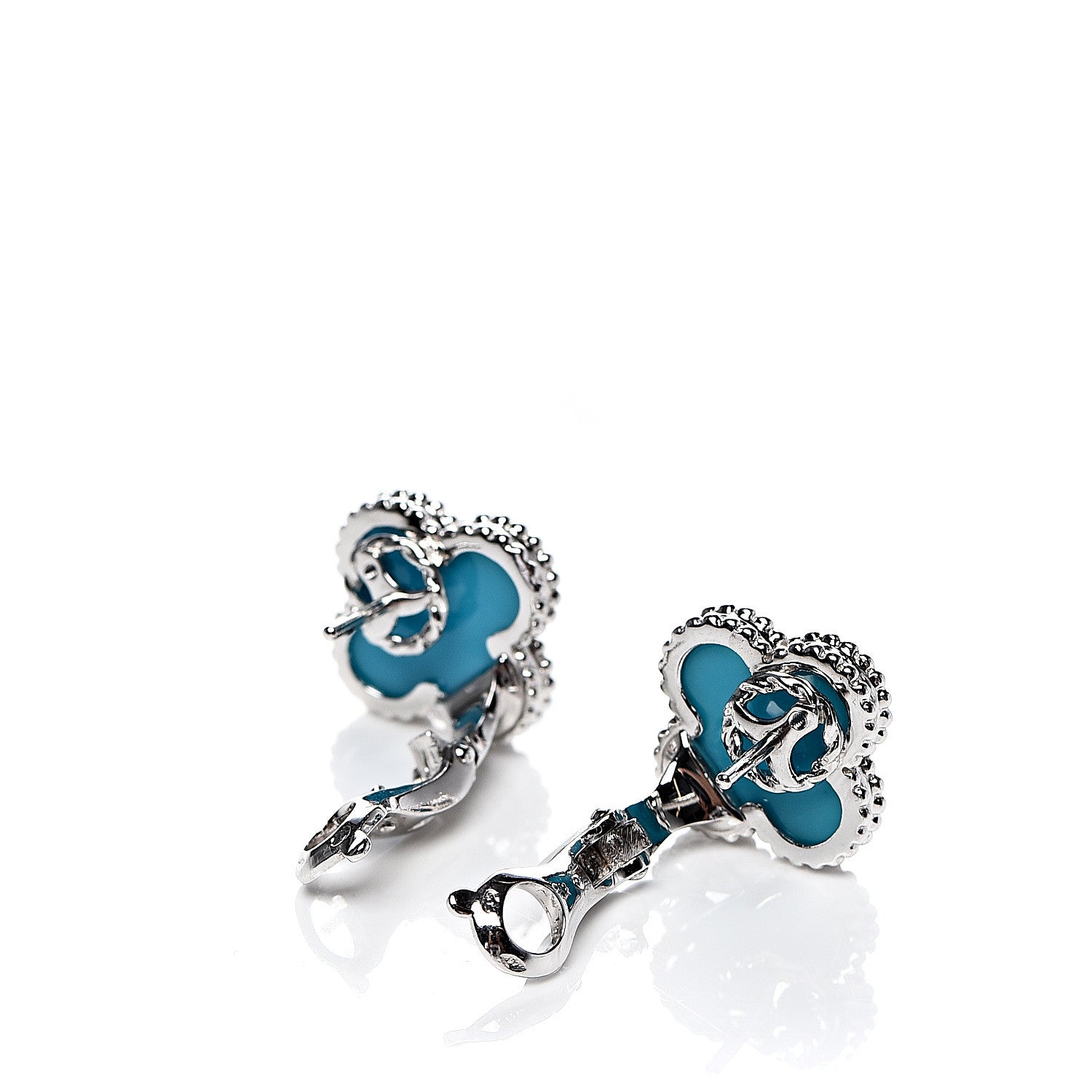 Van Cleef & Arpels 18K White Gold Turquoise Vintage Alhambra Earrings 4 of 6