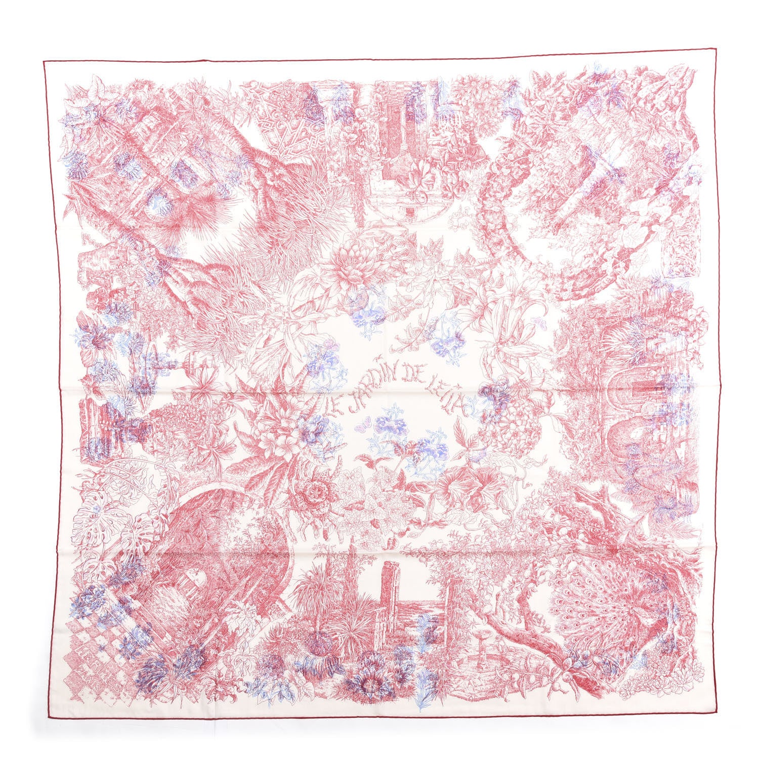 Hermes Cashmere Silk Le Jardin De Leila Au Bloc Shawl 140 Blanc Rose Vif Encre 1 of 4