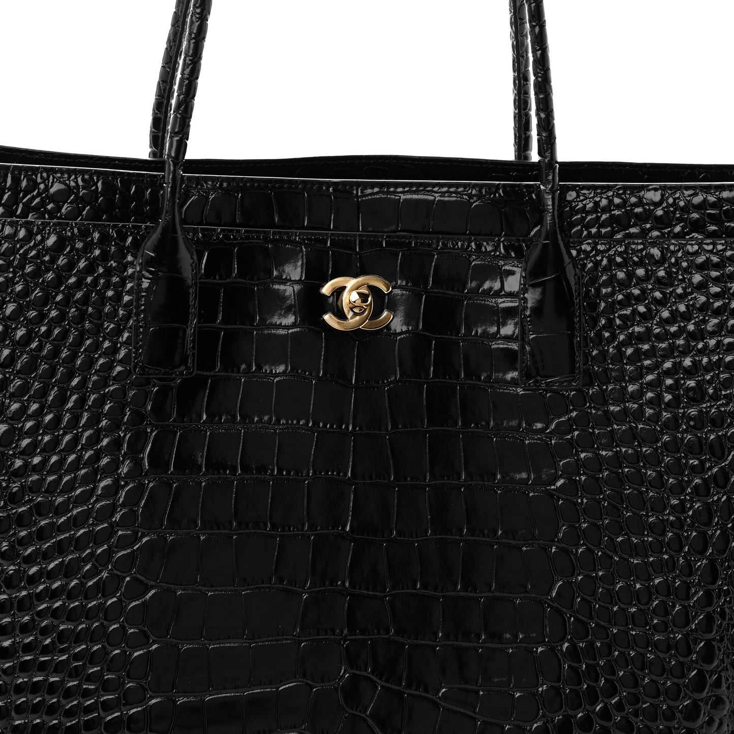 Calfskin Crocodile Embossed Archetype Large Shopping Tote Black
