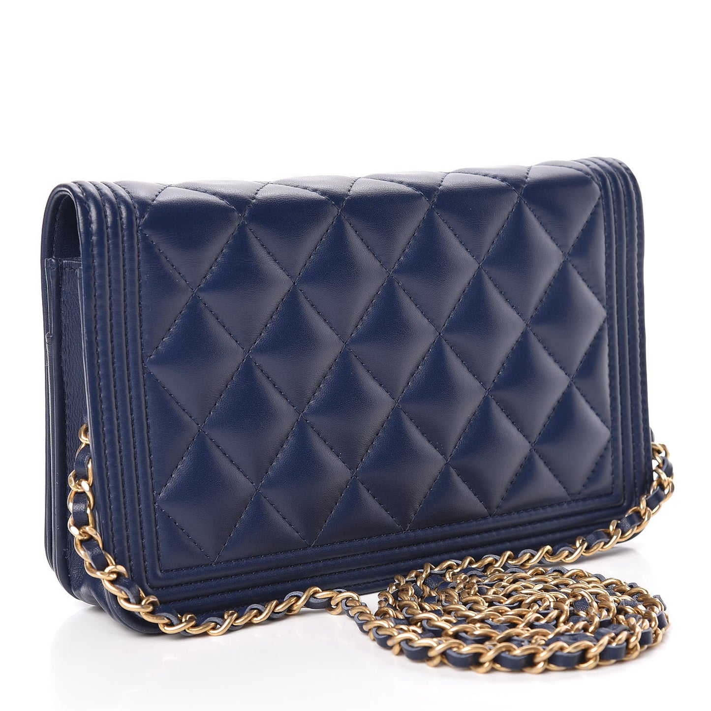 Lambskin Quilted Boy Wallet On Chain WOC Navy Blue