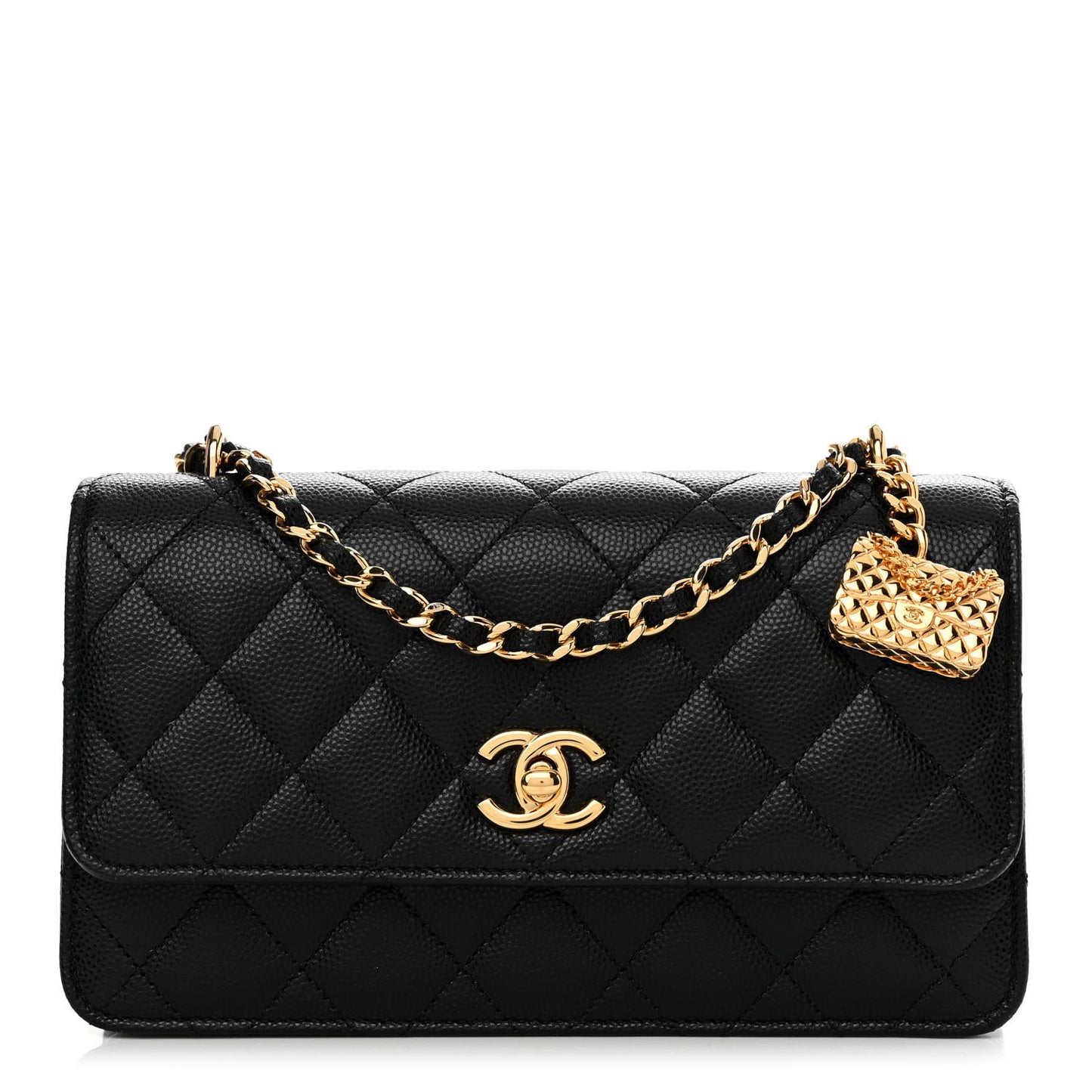 Shiny Caviar Quilted Flap Charm Wallet On Chain WOC Black
