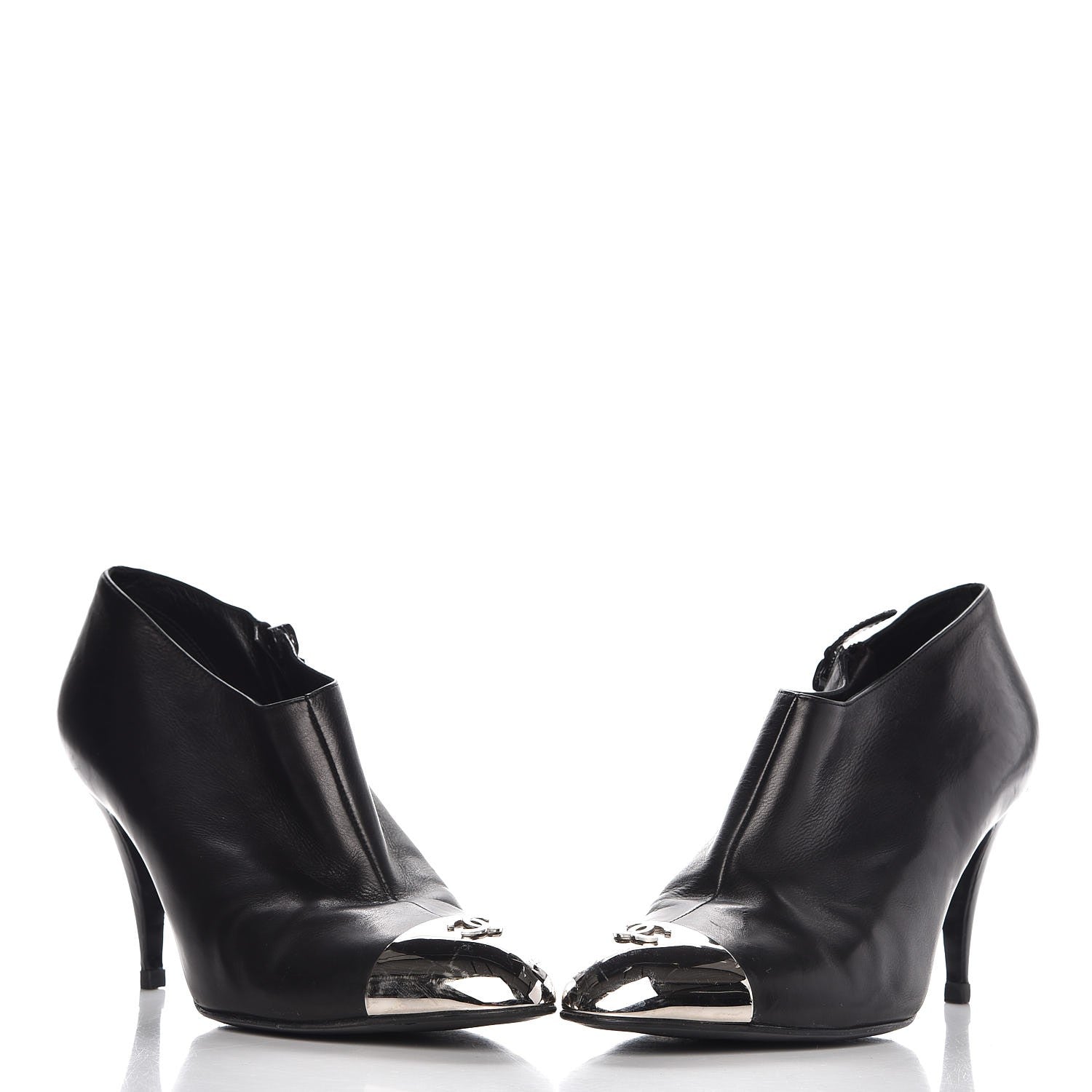 Chanel Calfskin CC Cap Toe Ankle Boots 40 Black Silver 6 of 10