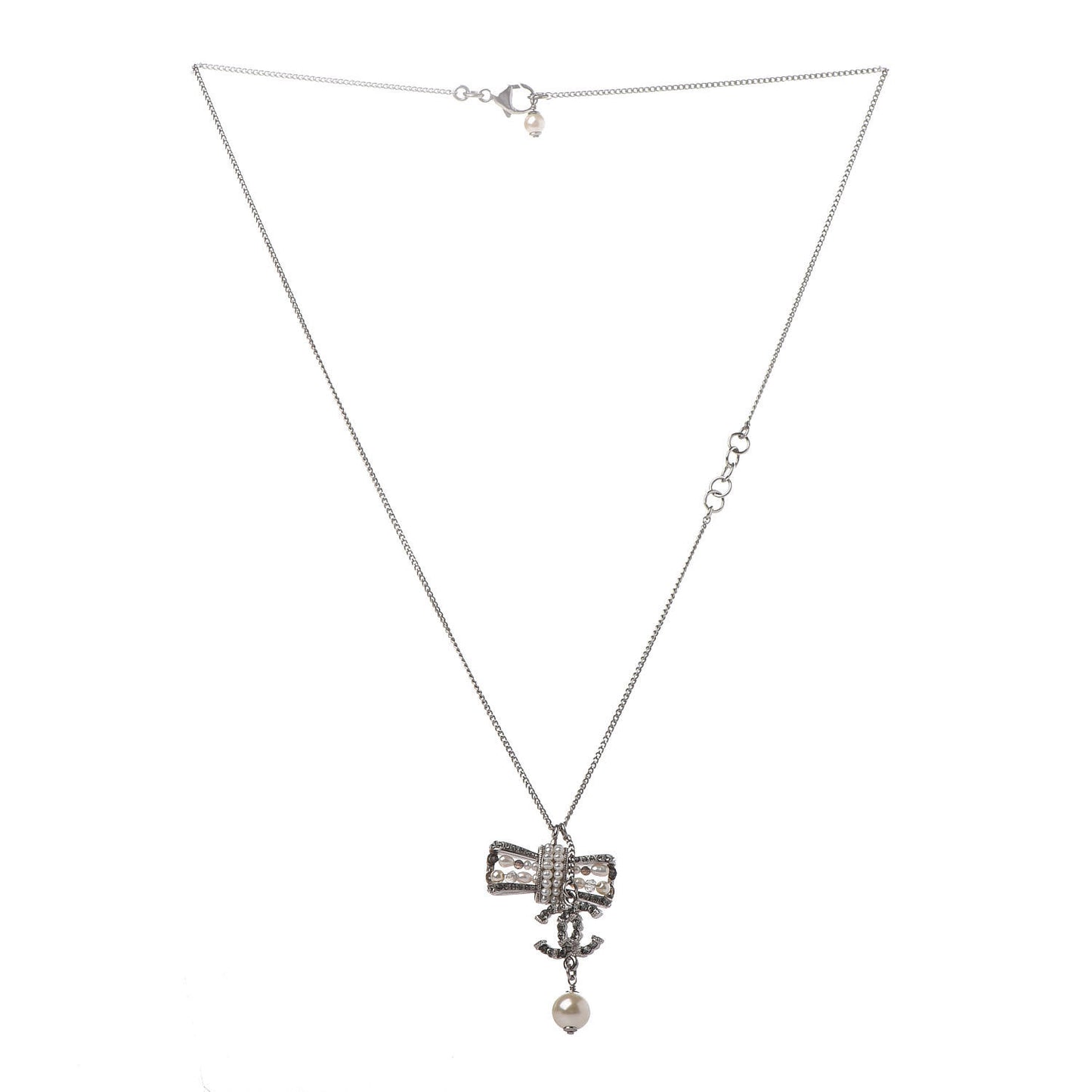 Crystal Pearl CC Bow Necklace Silver