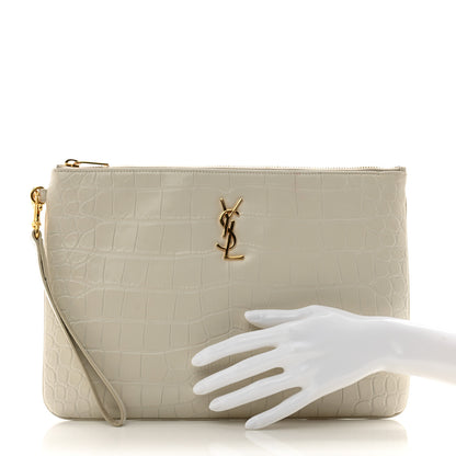 Saint Laurent Calfskin Crocodile Embossed Tablet Pouch Crema Soft 2 of 11