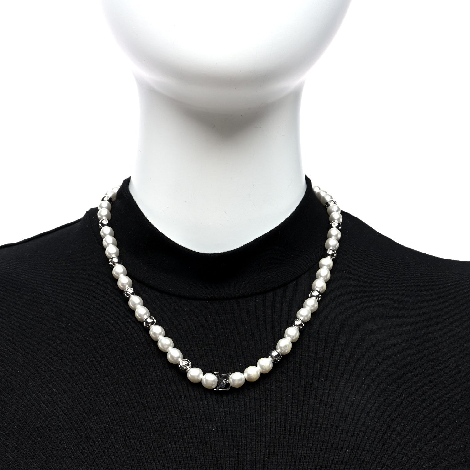 Louis Vuitton Metal Pearl Necklace Silver 2 of 5