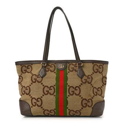 Gucci Monogram Jumbo GG Textured Dollar Calfskin Web Medium Ophidia Shopping Tote Camel Ebony 1 of 12
