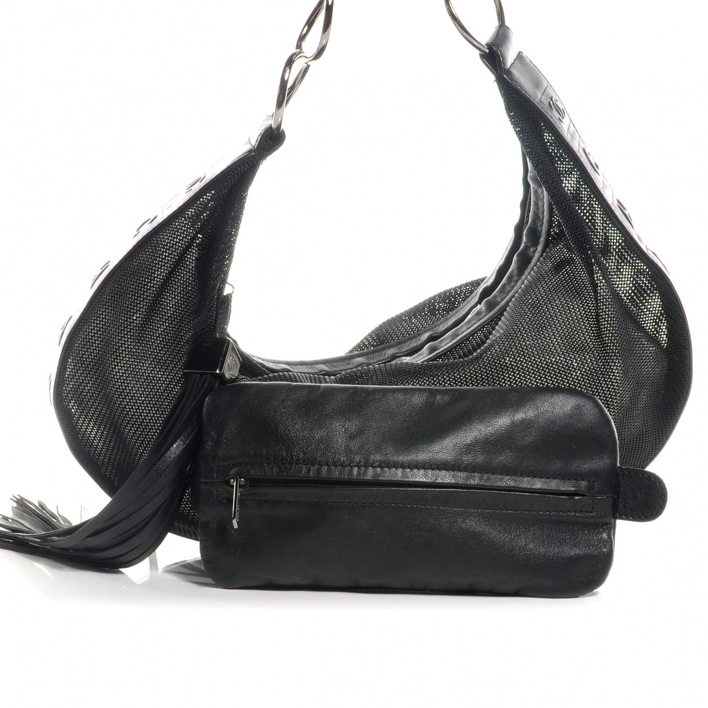 Mesh and Leather Sport Tassel Hobo Black