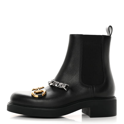 Gucci Flores Calfskin Horsebit Chain Ankle Boots 37 Black 1 of 18