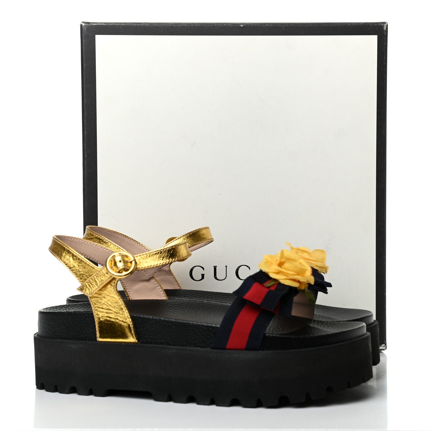 Gucci Metallic Calfskin Web Platform Lug Sole Sandals 40.5 Gold 8 of 8