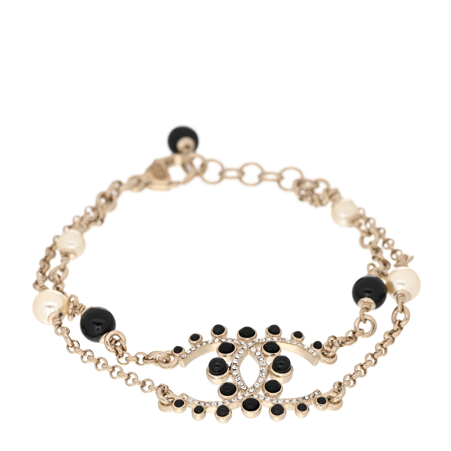 Chanel Crystal Enamel Pearl CC Bracelet Black Gold 1 of 5