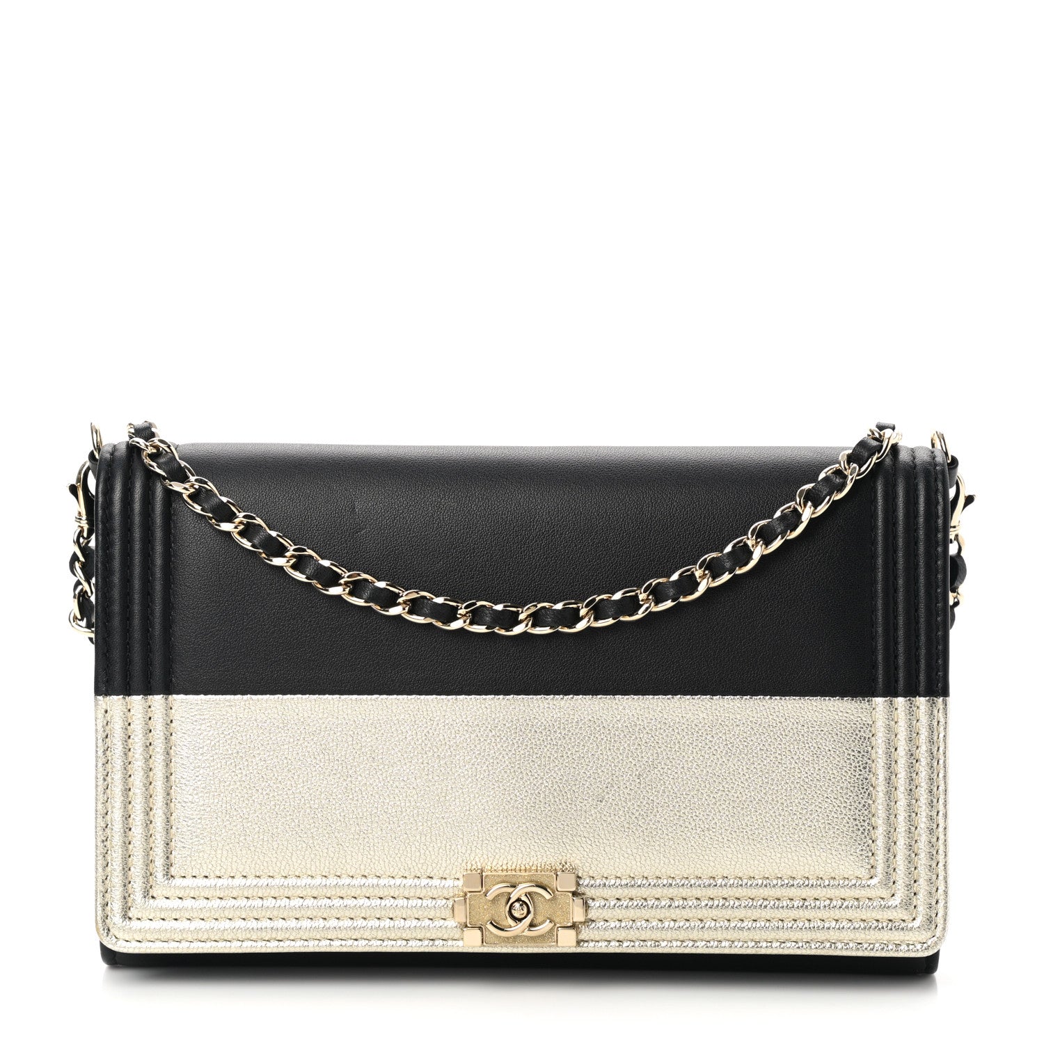 Chanel Metallic Goatskin Lambskin Boy Wallet on Chain WOC Black Gold 3 of 15