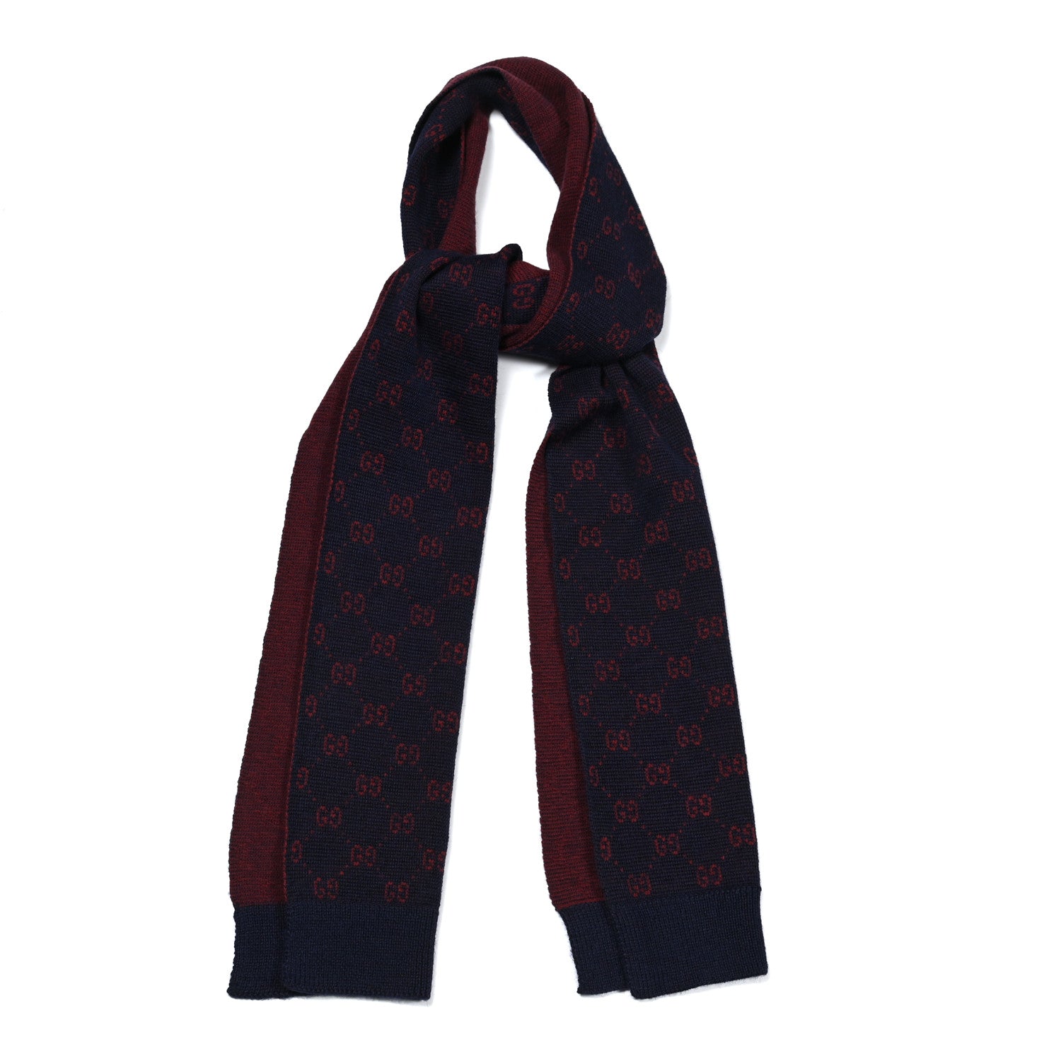 Gucci Alpaca Wool Knit GG Monogram Hog Scarf Navy Red 1 of 5