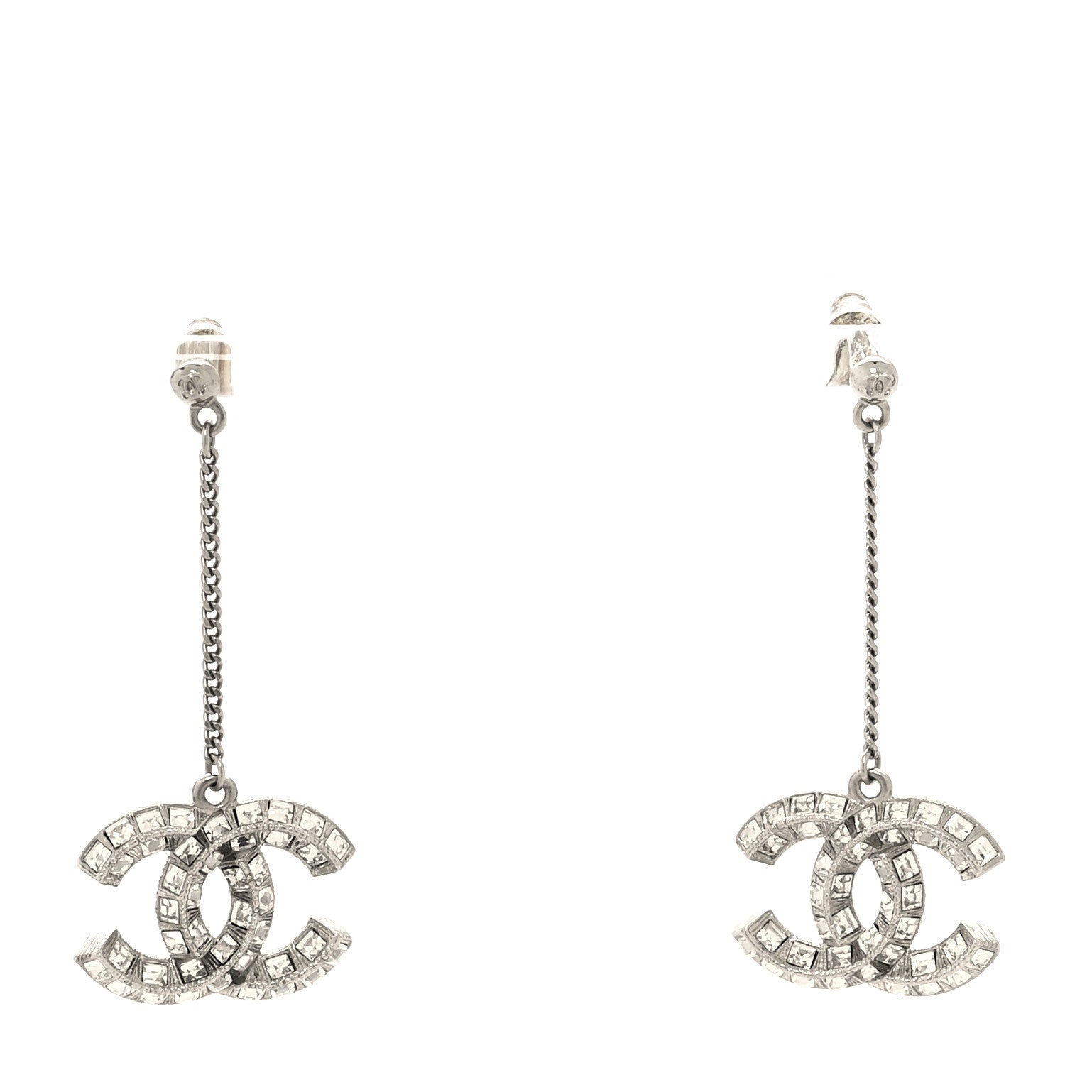 Chanel Baguette Crystal CC Drop Earrings Silver 1 of 5