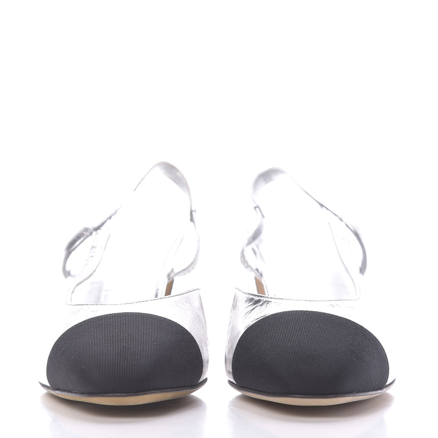 Laminated Lambskin Grosgrain Cap Toe CC Slingback Sandals 36 Silver Black