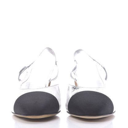 Chanel Laminated Lambskin Grosgrain Cap Toe CC Slingback Sandals 36 Silver Black 2 of 13