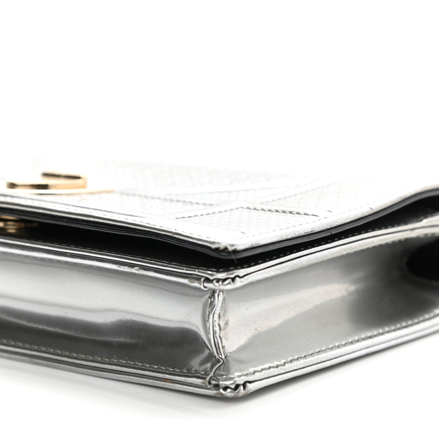 Metallic Patent Micro-Cannage Diorama Wallet on Chain Pouch Silver