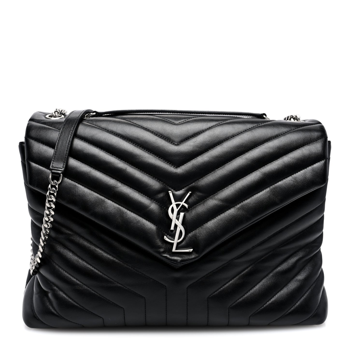 Calfskin Y Quilted Monogram Large Loulou Chain Satchel Black