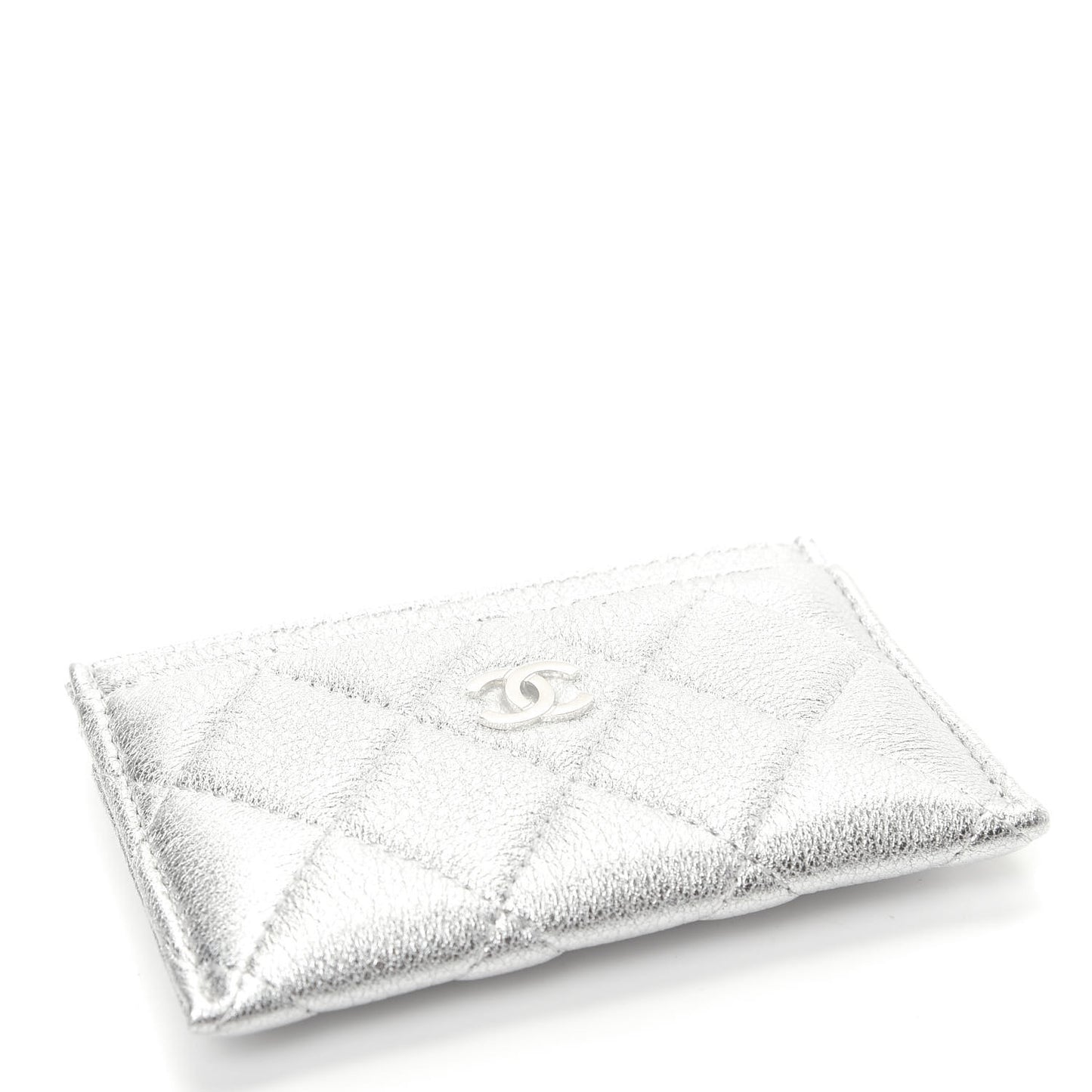 Metallic Lambskin Quilted Card Holder Silver
