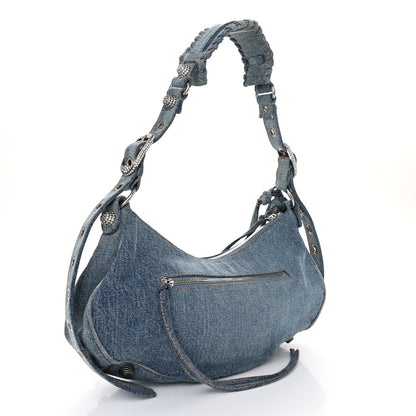 Balenciaga Washed Frayed Denim Crystal Small Le Cagole Shoulder Bag Blue 3 of 12
