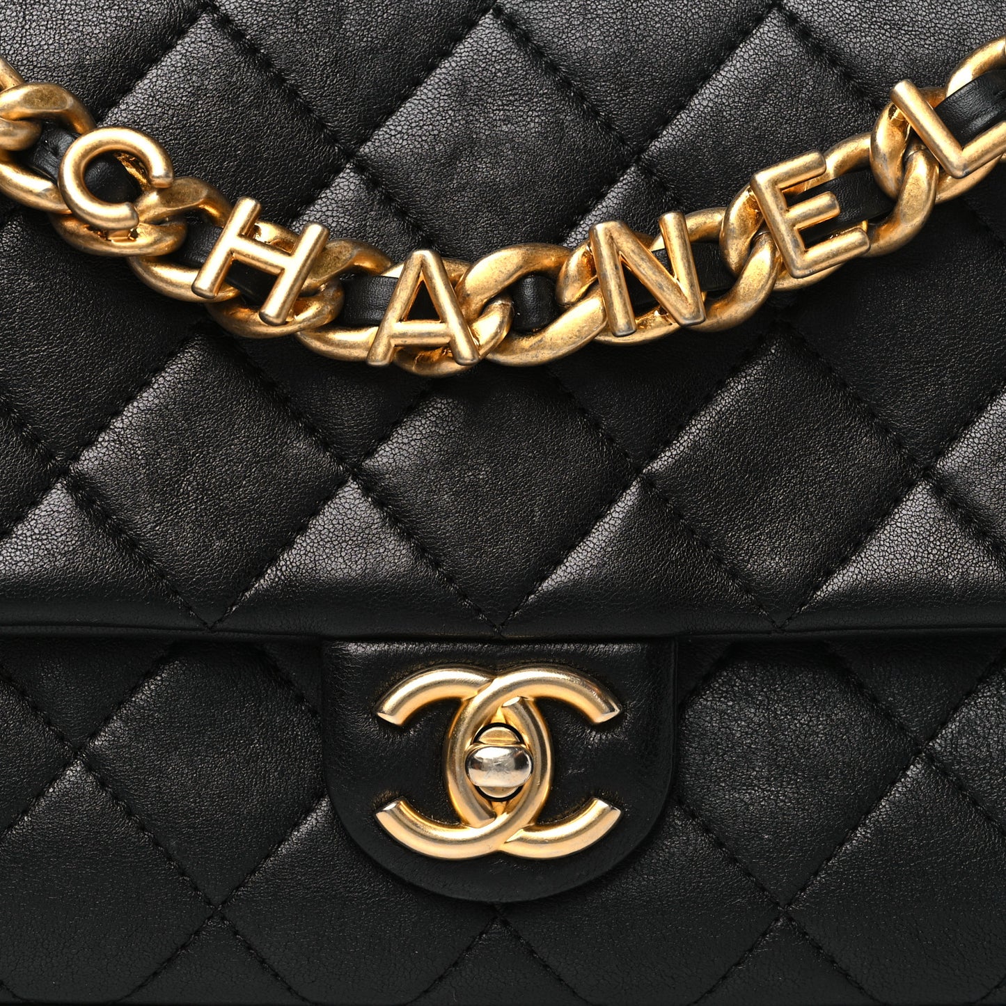 Lambskin Quilted Chaine Lettre Flap Black