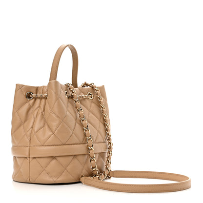 Chanel Caviar Quilted Rolled Up Bucket Drawstring Bag Beige 3 of 10