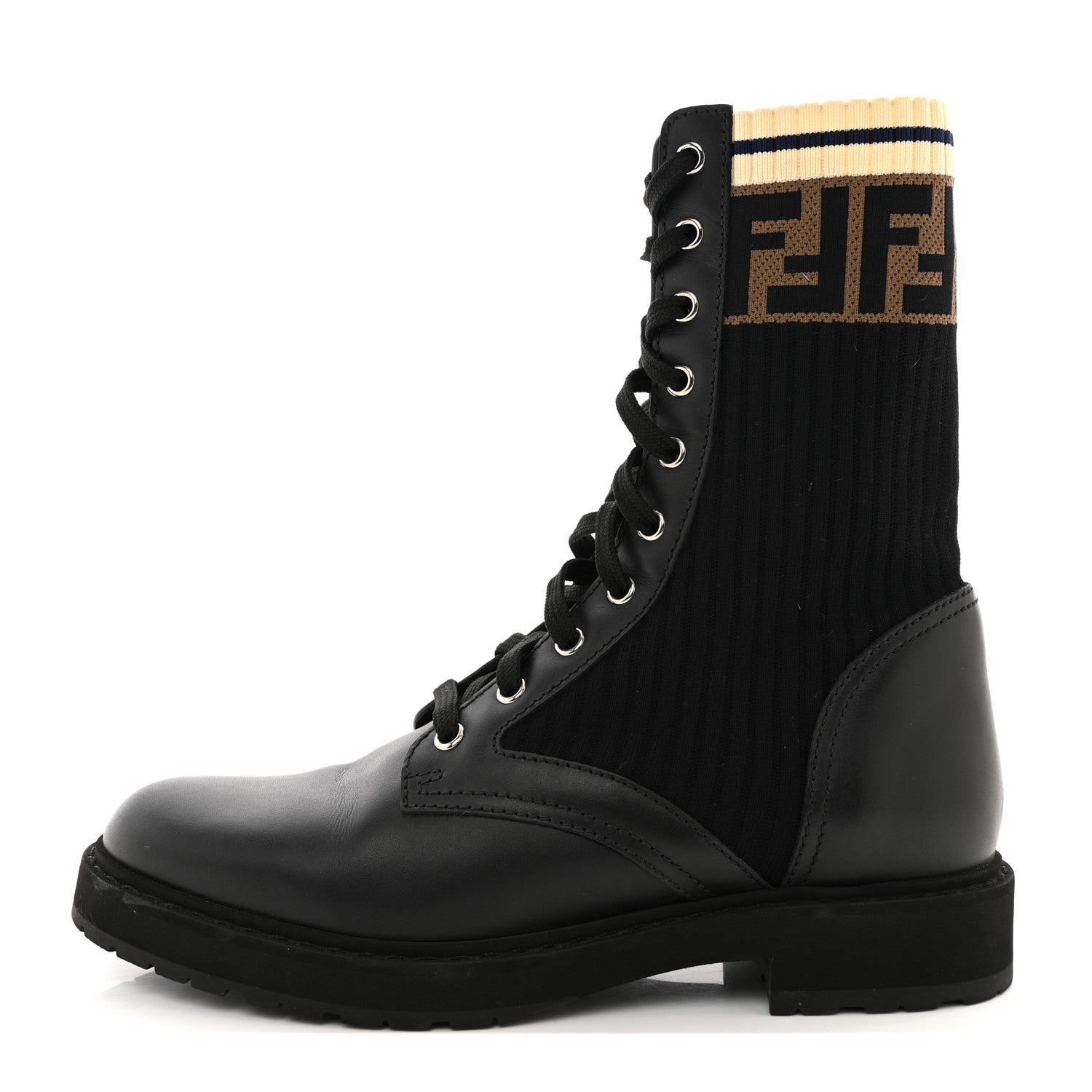Fendi Calfskin Stretch Fabric Rockoko Biker Boots 39 Tobacco Black Marino 1 of 12
