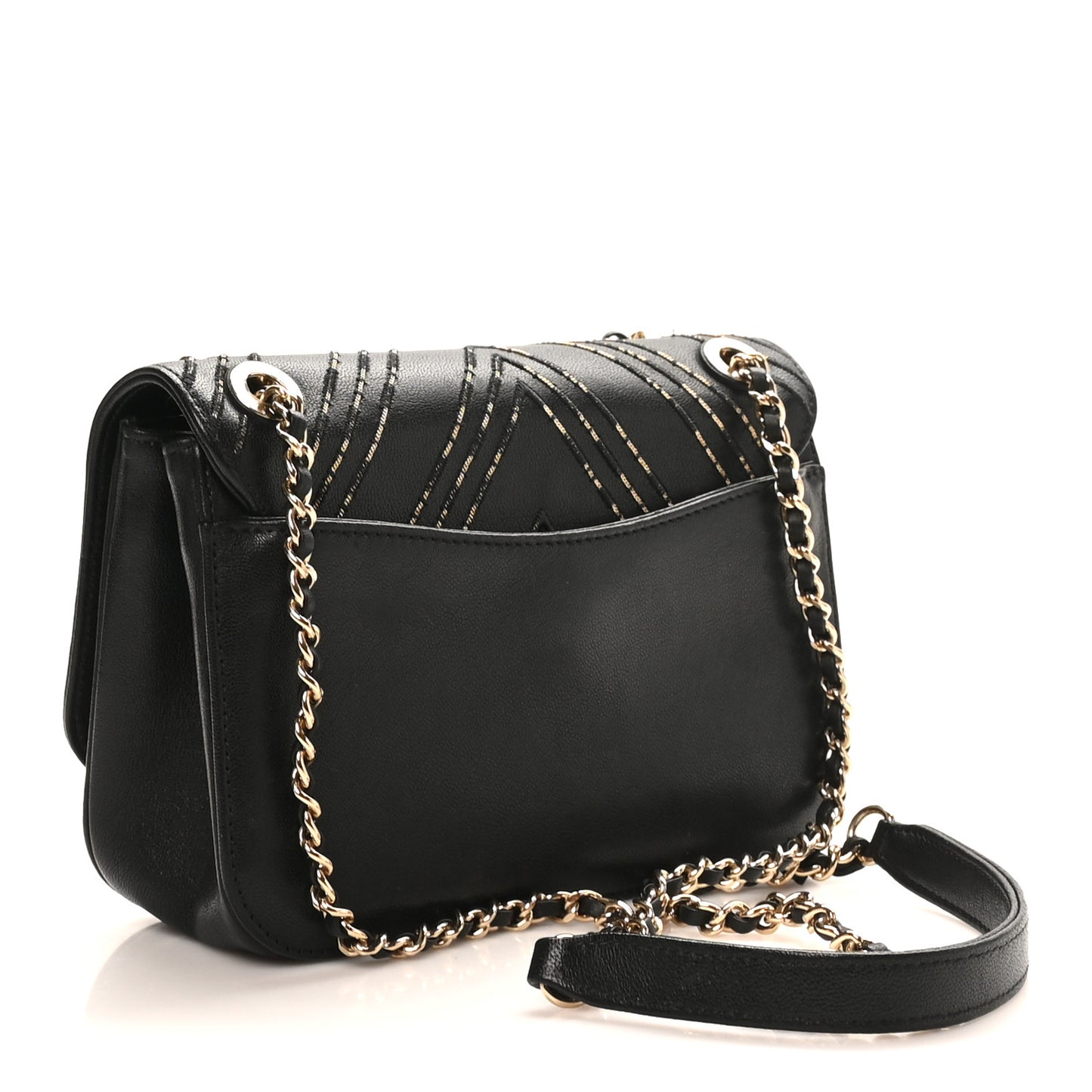 Calfskin Chevron Beaded Chain Mini Square Flap Black