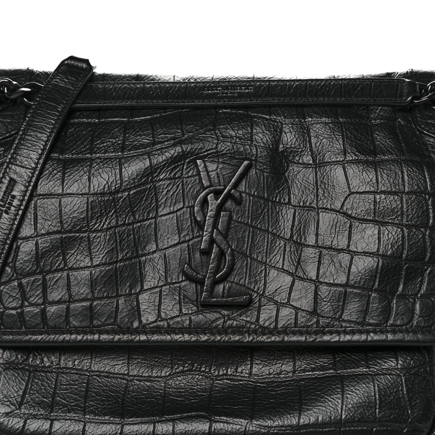 Crocodile Embossed Lambskin Monogram Medium Niki Chain Satchel Black