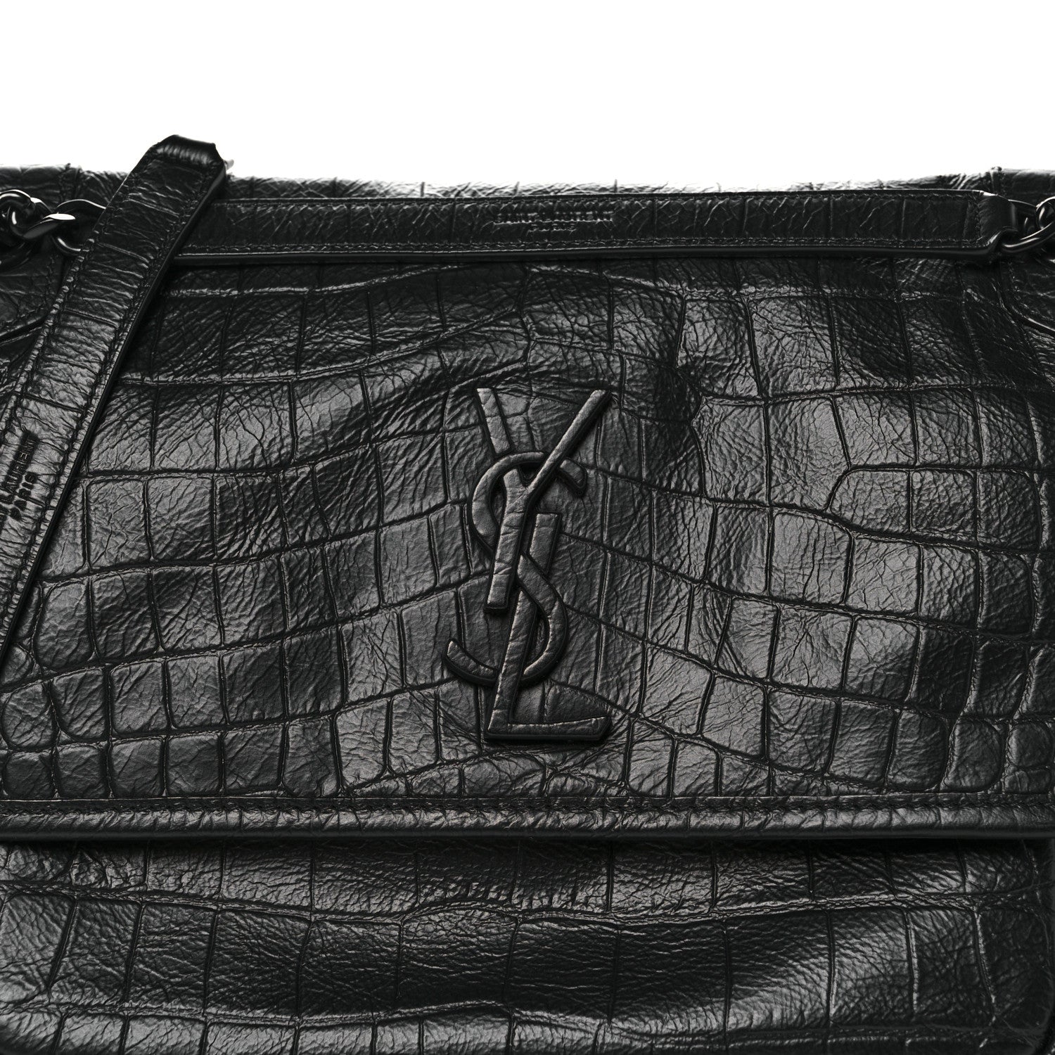 Saint Laurent Crocodile Embossed Lambskin Monogram Medium Niki Chain Satchel Black 9 of 11