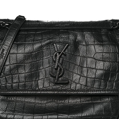 Saint Laurent Crocodile Embossed Lambskin Monogram Medium Niki Chain Satchel Black 9 of 11