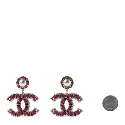 Chanel Pearl Lambskin Crystal Chain CC Drop Earrings Pink 2 of 4
