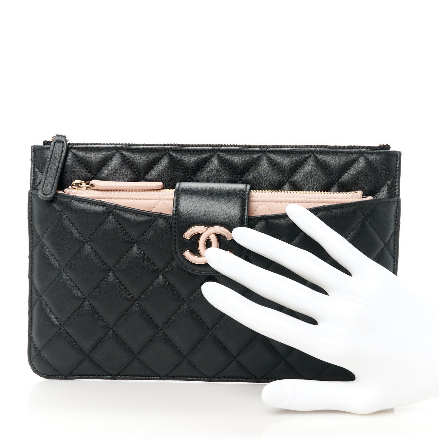 Lambskin Quilted Coco Mark Clutch Black Light Pink