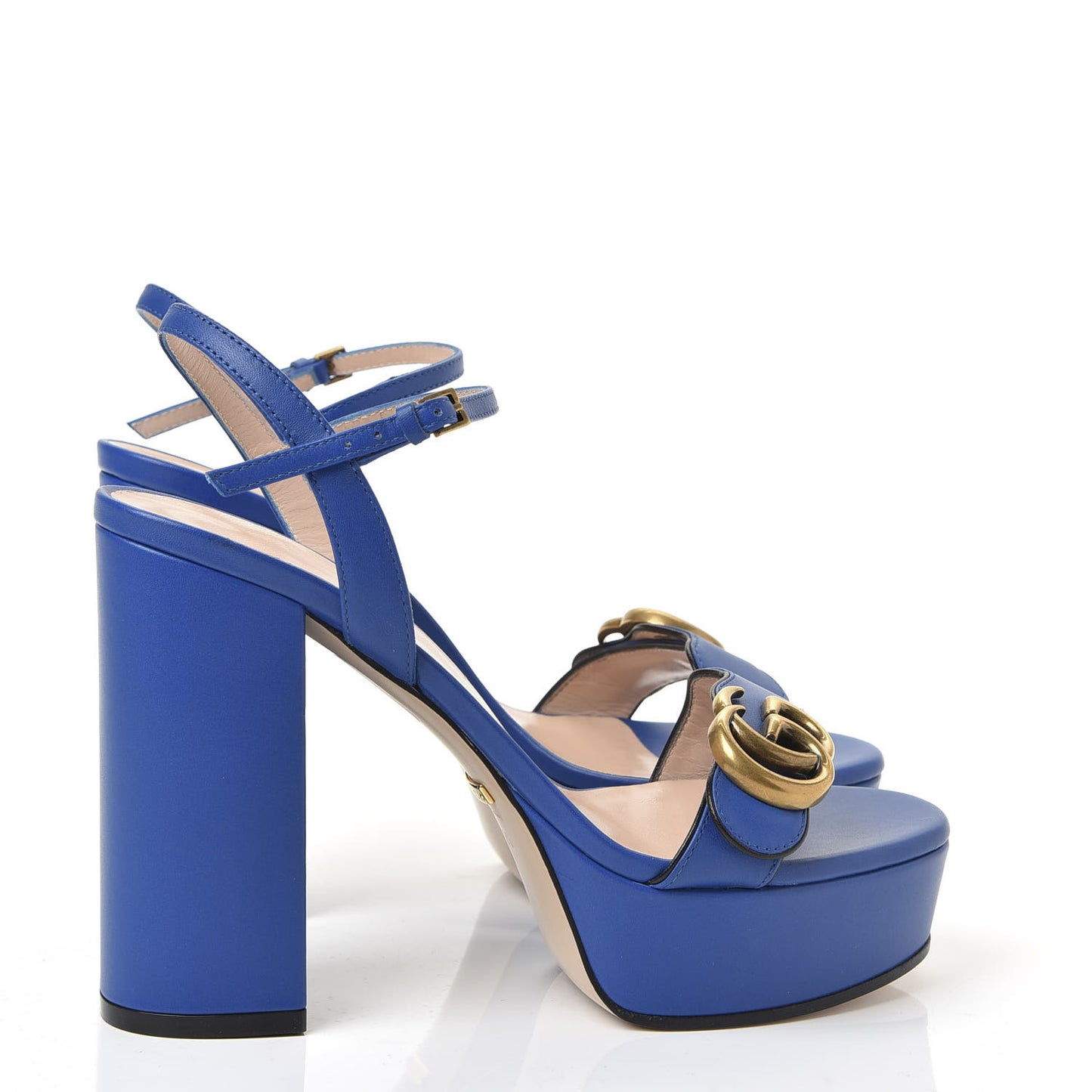 Calfskin GG Marmont Ankle Wrap 30/115mm Platform Sandals 36 Bright Blue