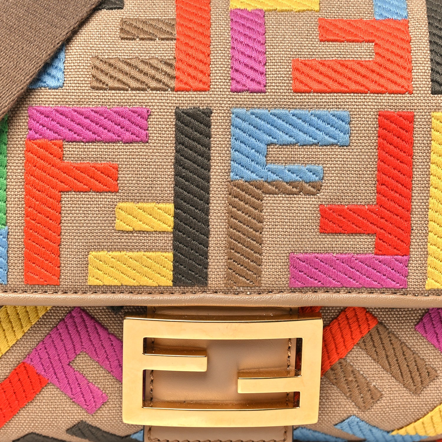 Fendi Canvas Vitello King FF Multicolor Embroidered Baguette Multicolor Cuoio 8 of 10