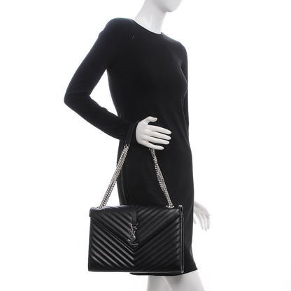 Saint Laurent Grain De Poudre Matelasse Chevron Large Monogram Satchel Black 2 of 7