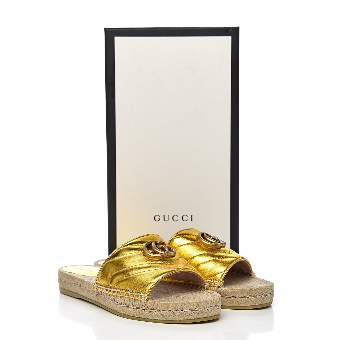 Metallic Nappa Matelasse GG Marmont Espadrille Slide Sandals 38.5 Oro
