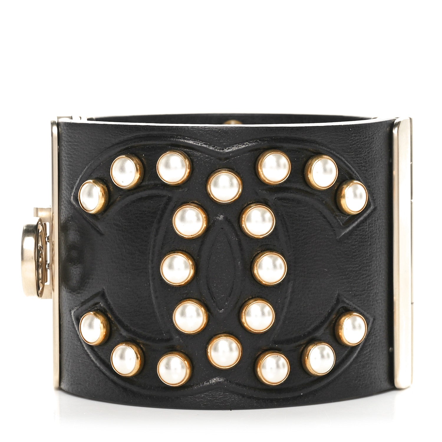 Chanel Lambskin Calfskin Pearl CC Cuff Bracelet Black Gold 1 of 5