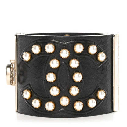 Chanel Lambskin Calfskin Pearl CC Cuff Bracelet Black Gold 1 of 5