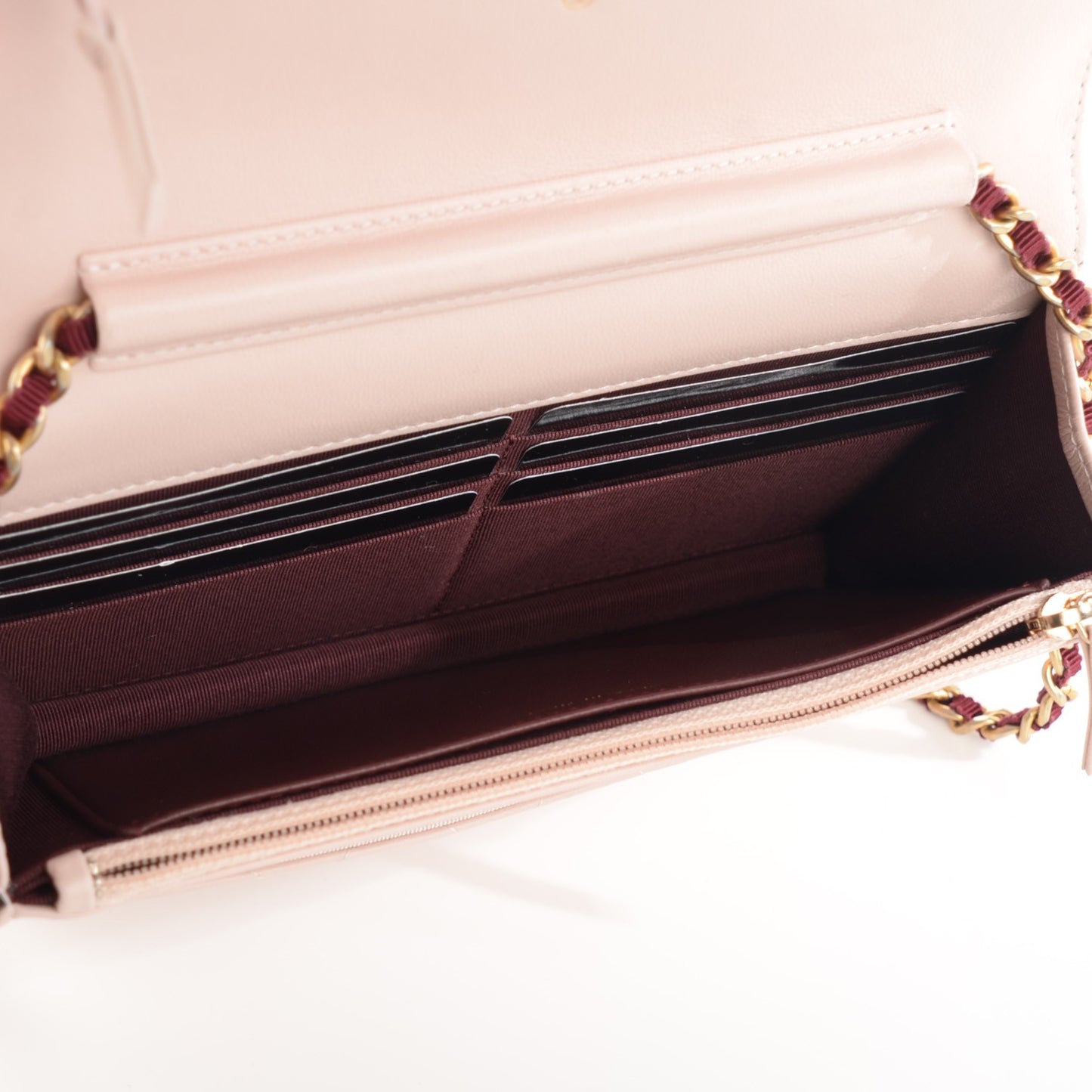 Lambskin Quilted Wallet On Chain WOC Light Pink Burgundy