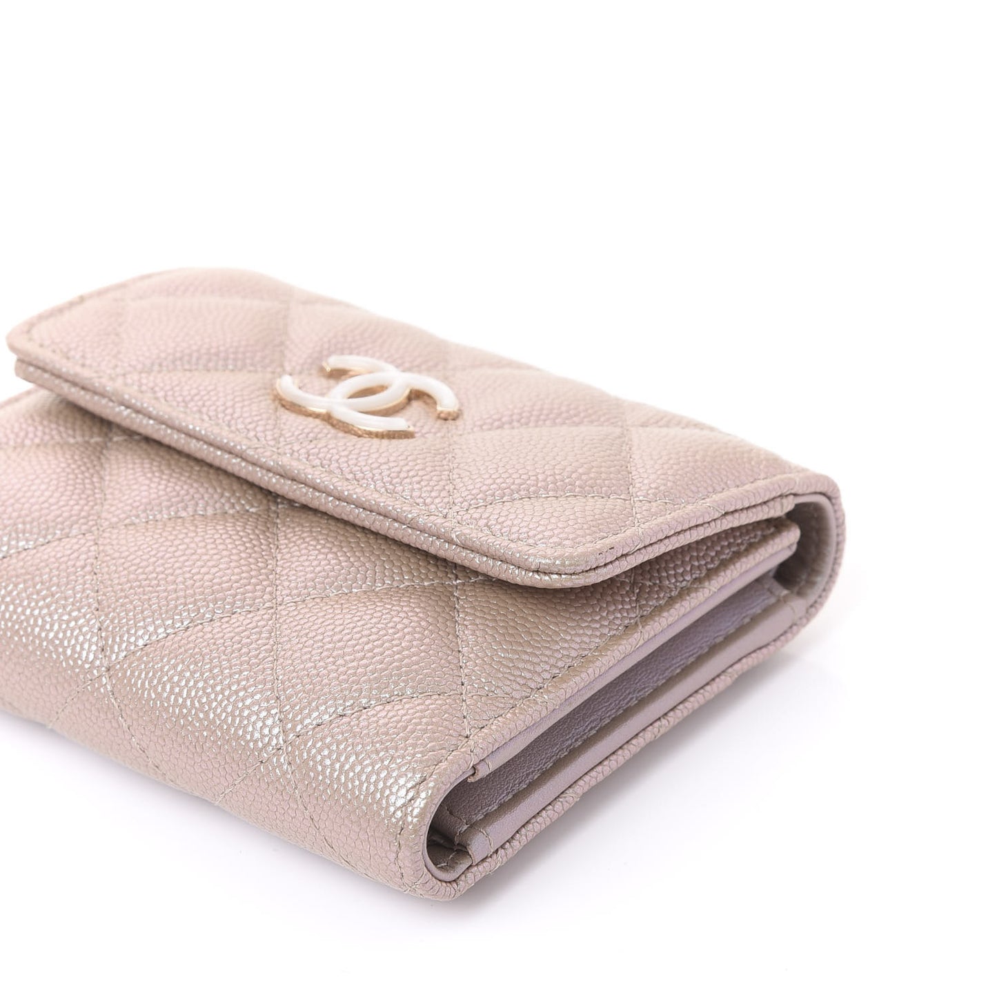 Iridescent Caviar Quilted Small Flap Wallet Beige