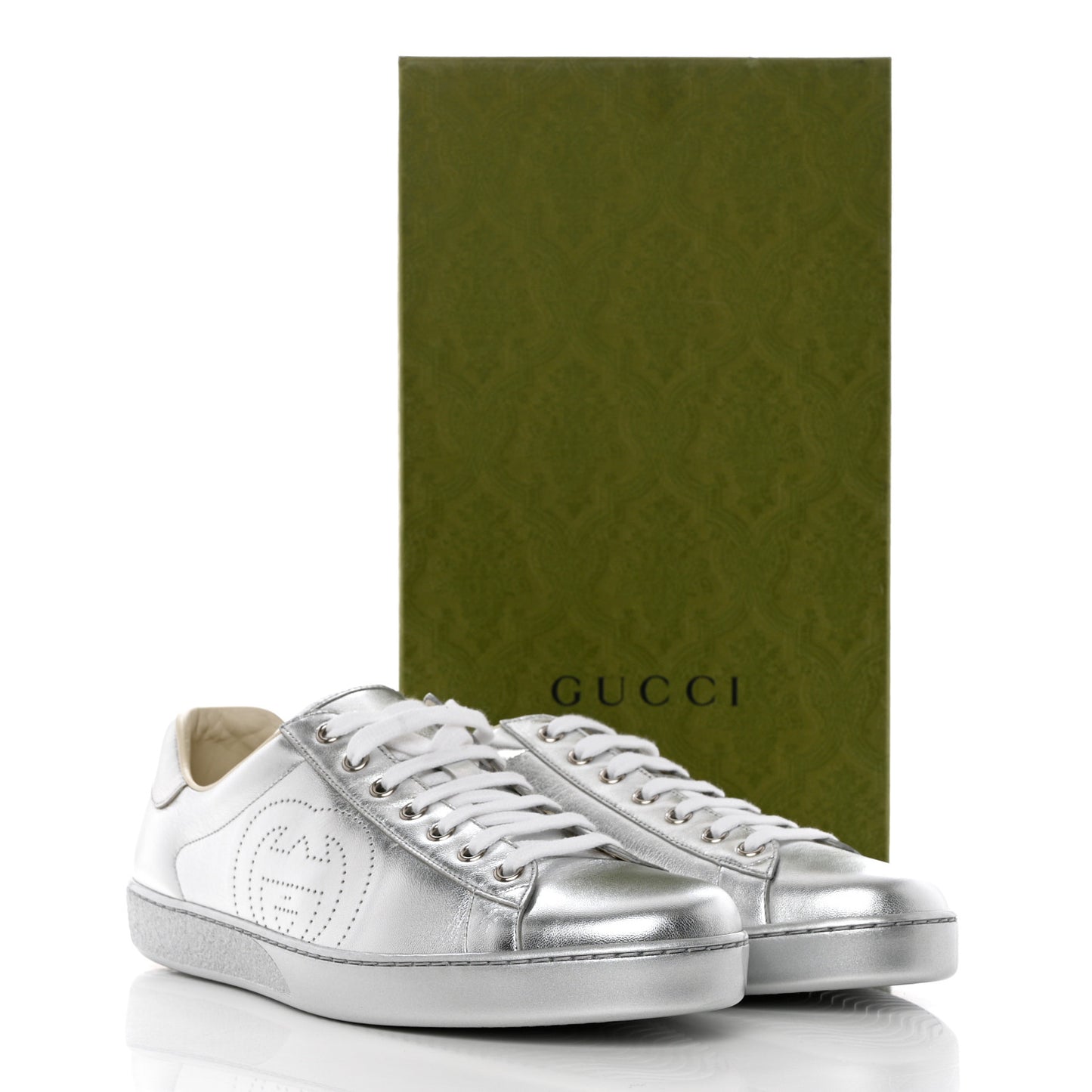 Metallic Nappa Interlocking G Perforated Mens Ace Sneakers 9 Argento