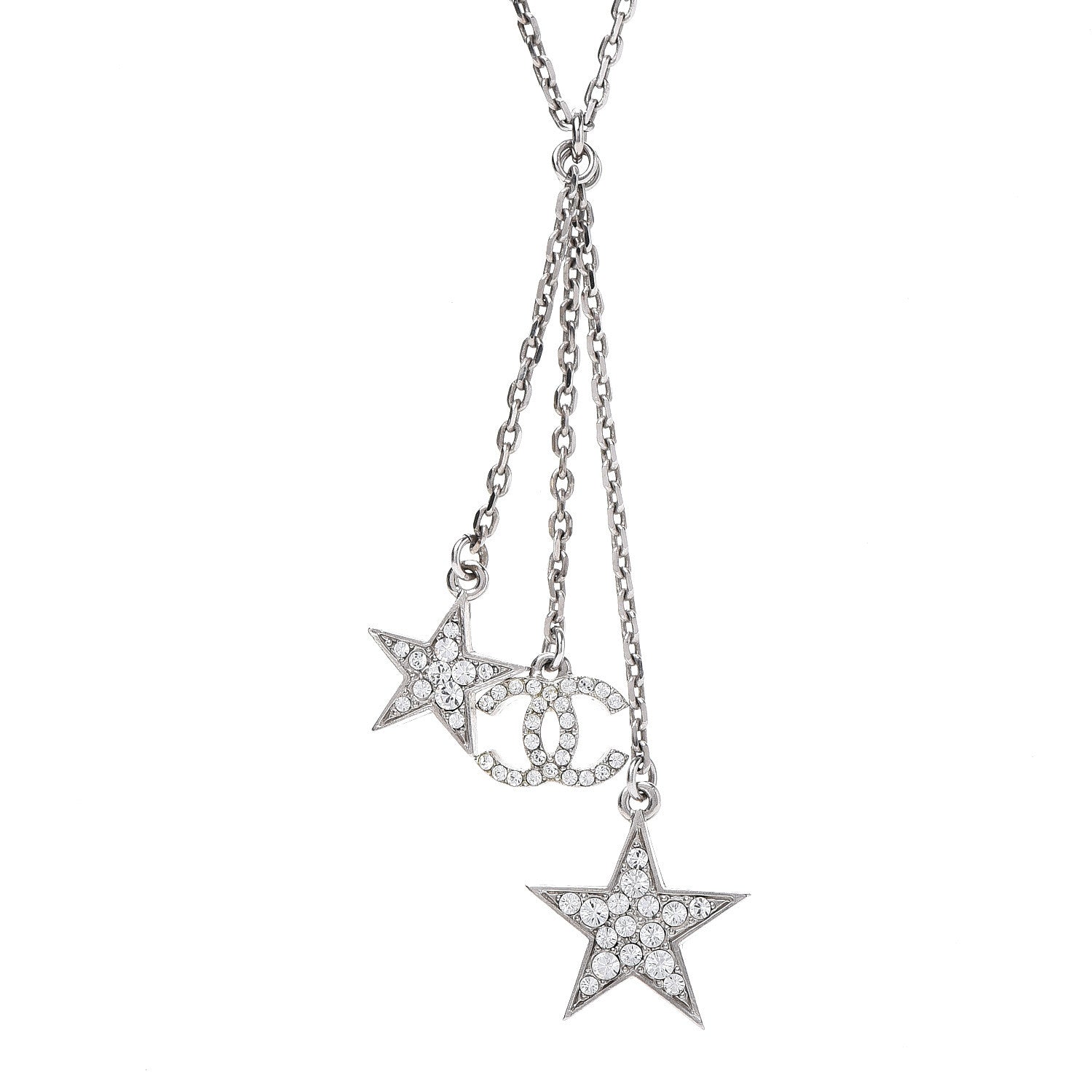 Chanel Crystal Glitter Enamel CC Star Drop Necklace Silver 4 of 7