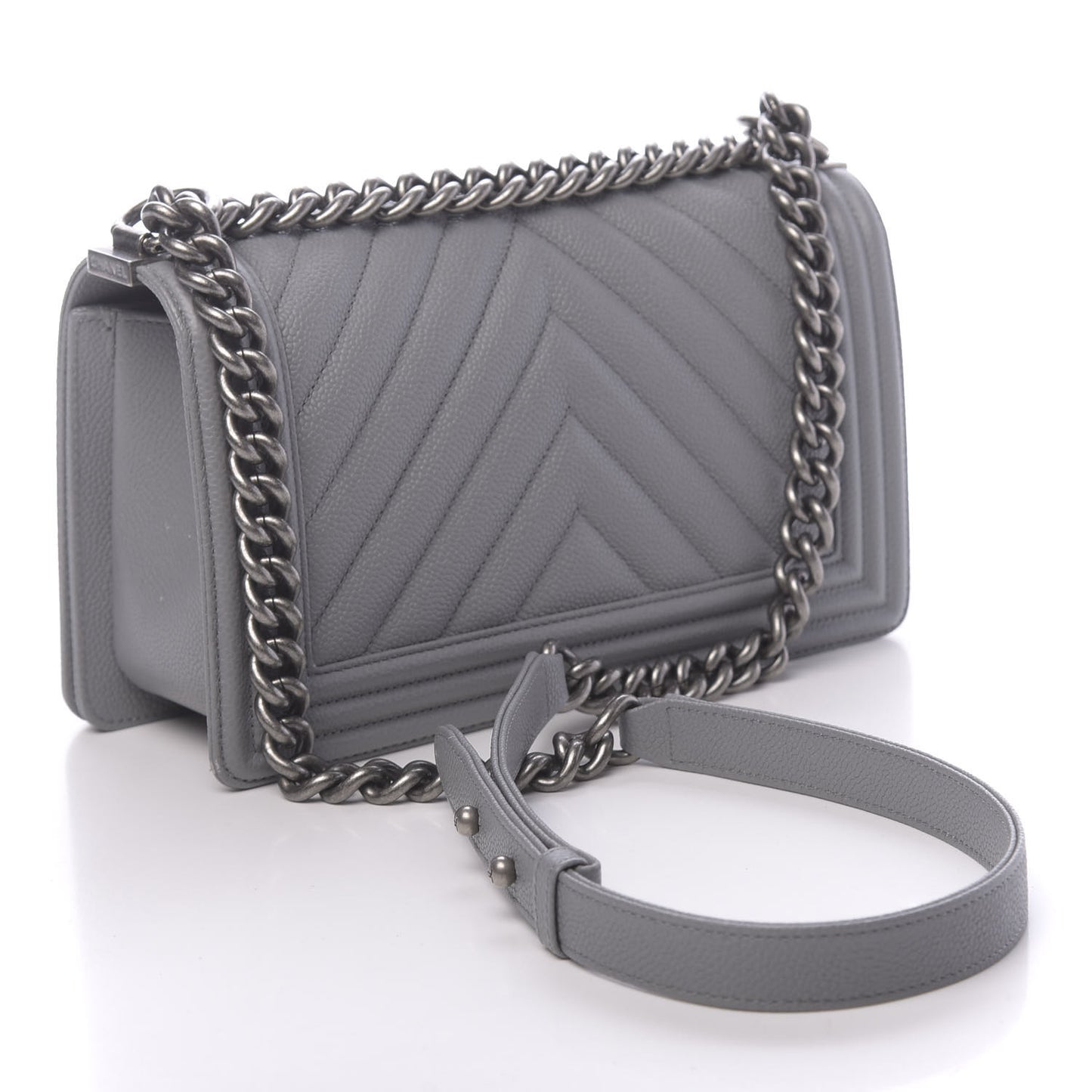 Caviar Chevron Quilted Medium Boy Flap Grey