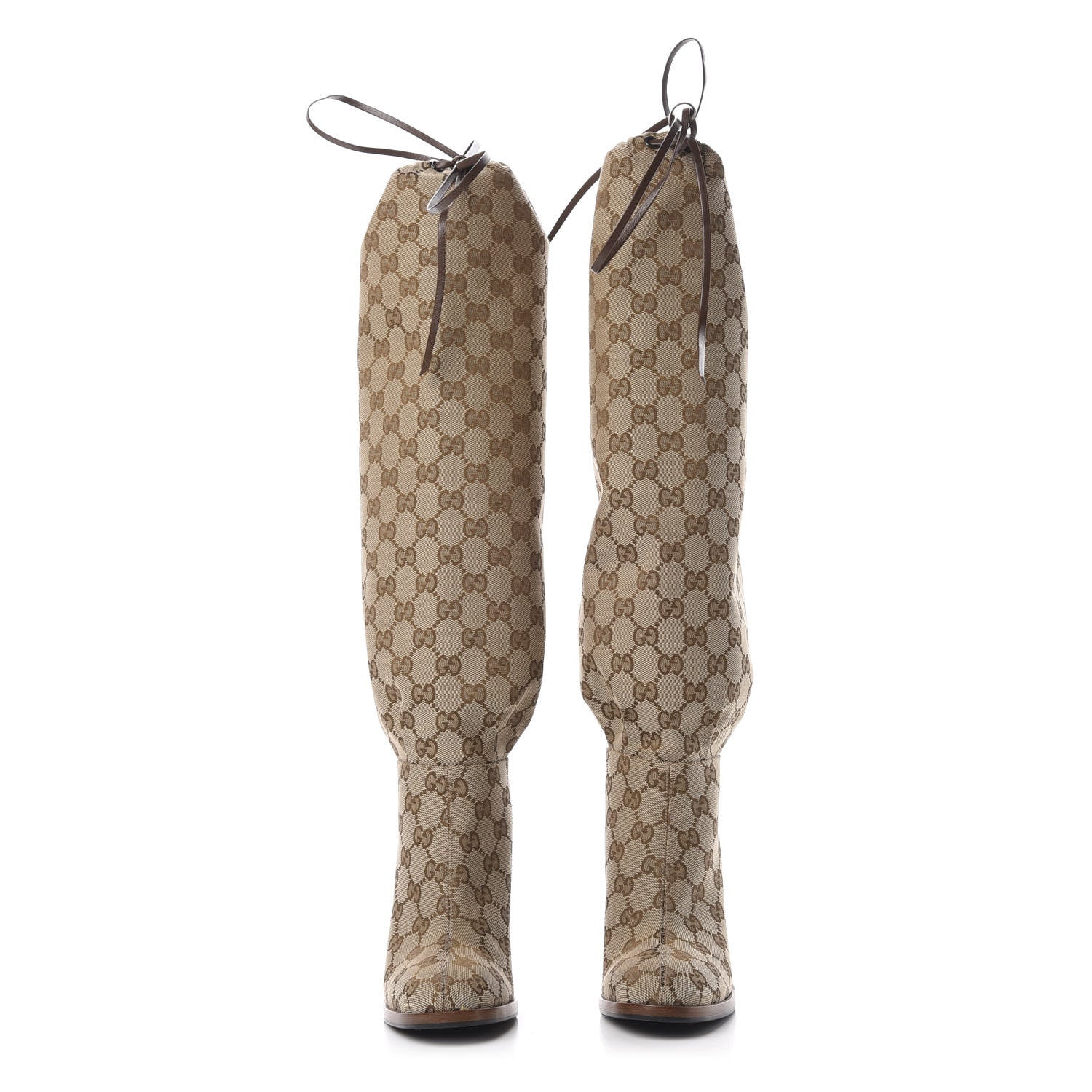 Gucci Monogram Malaga Kid Lisa Mid Heel Boots 35 Beige Ebony 2 of 6