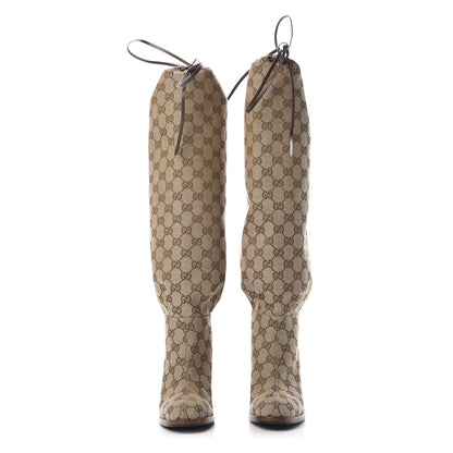 Gucci Monogram Malaga Kid Lisa Mid Heel Boots 35 Beige Ebony 2 of 6
