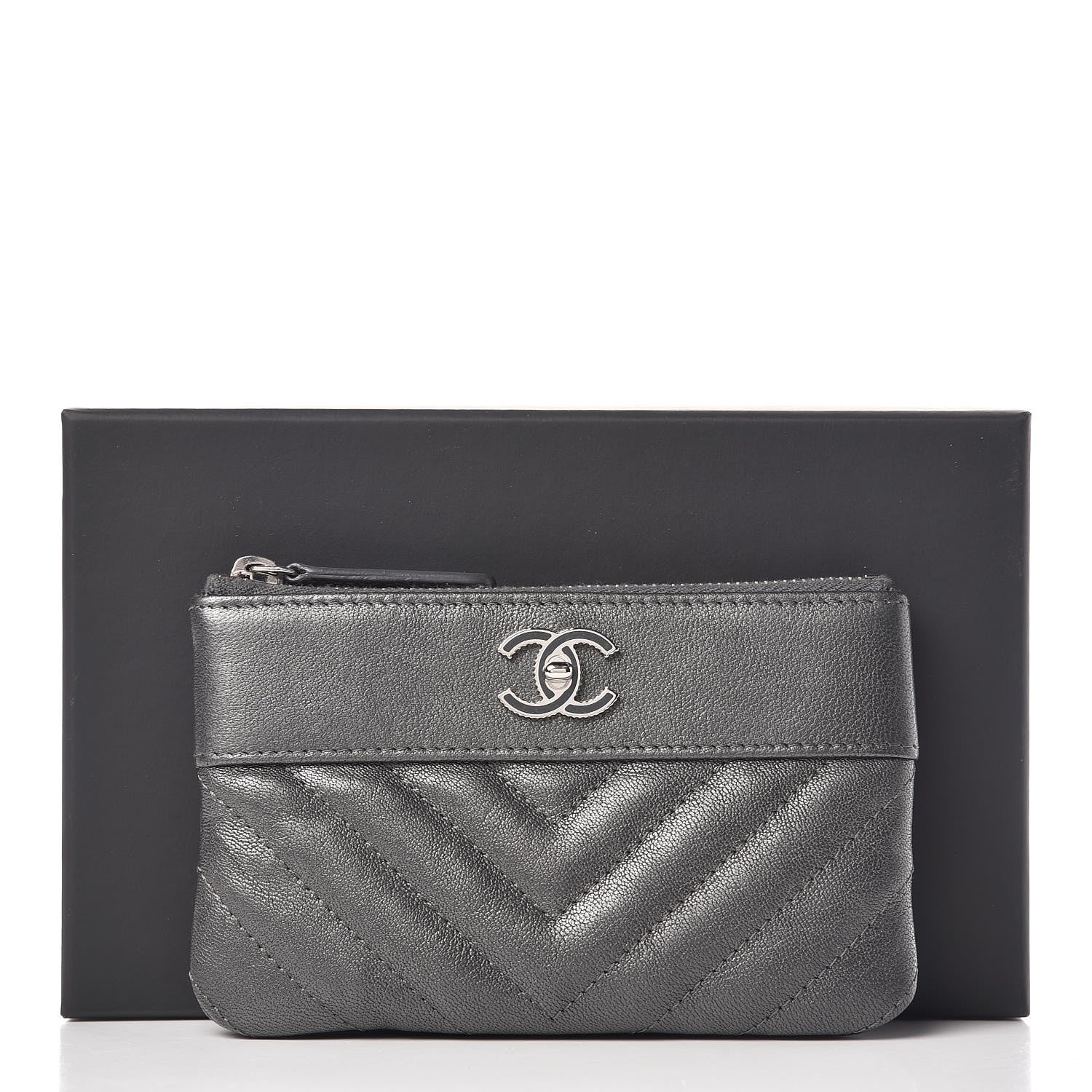 Chanel Sheepskin Chevron Quilted Small Vintage Mademoiselle Cosmetic Case Grey 8 of 8